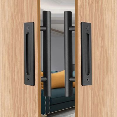 Heavy Duty Powder Coat Flush Pull Barn Door Knobs Black Finish Industrial Hardware Kit